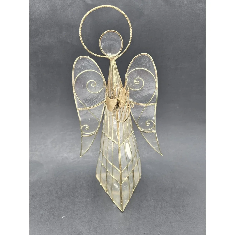 Capiz Shell Angel Tea Light Candle Holder Set Of 3 Gold Tone Wire Harp Book